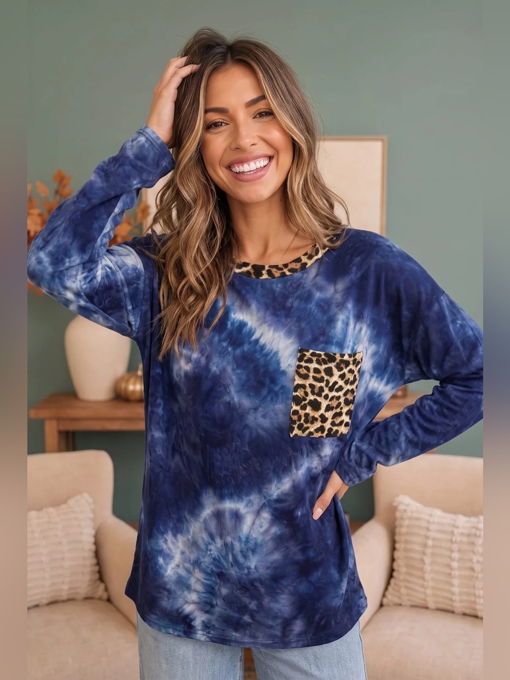 Reborn J Blue Tie-Dye Long Sleeve Top with Leopard Accent